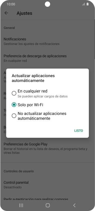 Para activar la actualización automática de apps utilizando la red móvil, pulsa En cualquier red.