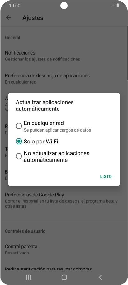 Para activar la actualización automática de apps utilizando la red móvil, pulsa En cualquier red.