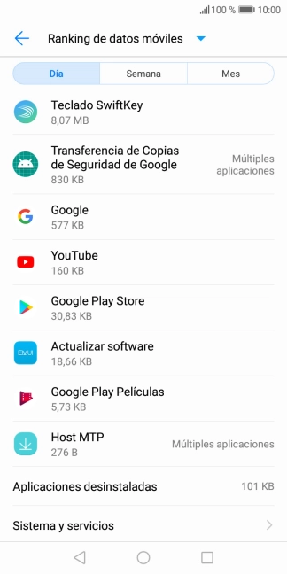 El consumo de datos por cada aplicación aparece bajo el nombre de la aplicación.