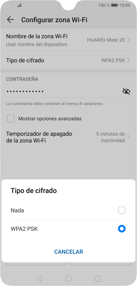 Pulsa WPA2 PSK para proteger la conexión wifi con una contraseña.