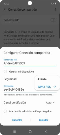 Pulsa WPA2 PSK para proteger la conexión wifi con una contraseña.