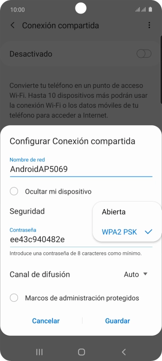 Pulsa WPA2 PSK para proteger la conexión wifi con una contraseña.