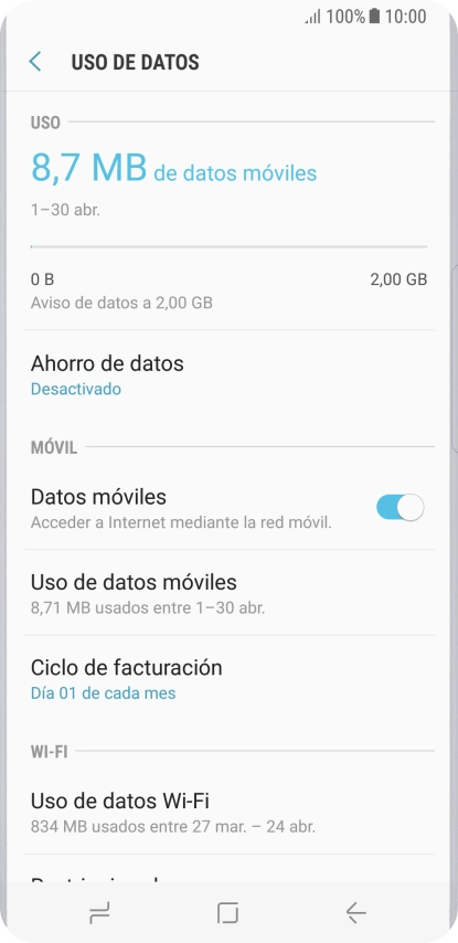 El consumo total de datos se visualiza ahora en la pantalla.