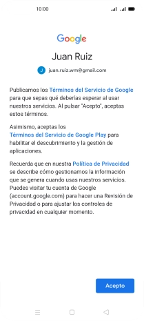 Pulsa Acepto y sigue las indicaciones de la pantalla para seleccionar los ajustes de tu cuenta de Google.