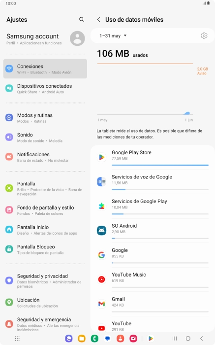 El consumo de datos por cada aplicación aparece bajo el nombre de la aplicación.