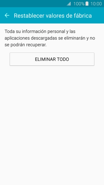 Pulsa ELIMINAR TODO. Espera unos instantes mientras el teléfono restablece la configuración predeterminada. Sigue las indicaciones de la pantalla para configurar el teléfono y dejarlo listo para su uso.