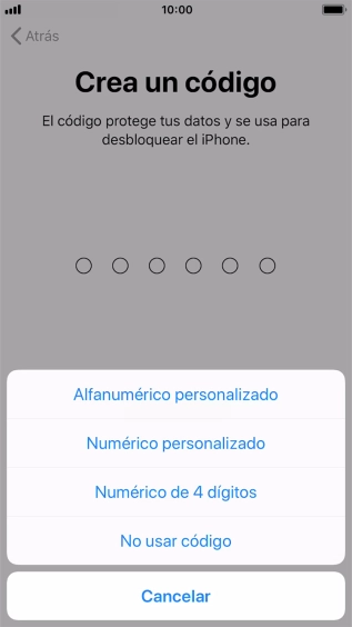 Sigue las indicaciones de la pantalla para activar el uso del código de seguridad o pulsa No usar código.