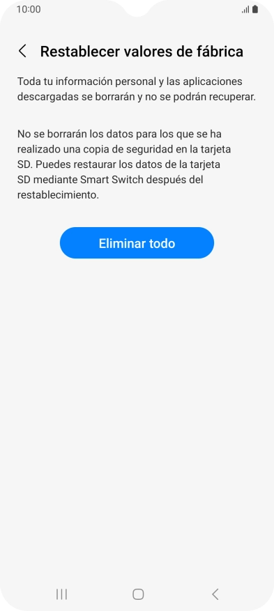 Pulsa Eliminar todo. Espera unos instantes mientras el teléfono restablece la configuración predeterminada. Sigue las indicaciones de la pantalla para configurar el teléfono y dejarlo listo para su uso.