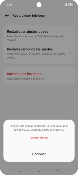 Pulsa Borrar datos. Espera unos instantes mientras el teléfono restablece la configuración predeterminada. Sigue las indicaciones de la pantalla para configurar el teléfono y dejarlo listo para su uso.