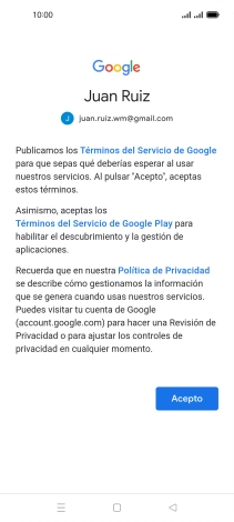 Pulsa Acepto y sigue las indicaciones de la pantalla para seleccionar los ajustes de tu cuenta de Google.