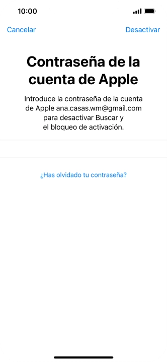 Introduce la contraseña de tu ID de Apple y pulsa Desactivar. Espera unos instantes mientras el teléfono restablece la configuración predeterminada. Sigue las indicaciones de la pantalla para configurar el teléfono y dejarlo listo para su uso.
