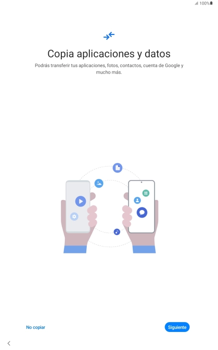Puedes transferir el contenido de otro dispositivo cuando activas tu tablet por primera vez y cuando la has restablecido. Cuando aparezca en la pantalla de la tablet esta imagen, ya está lista para la transmisión del contenido del otro dispositivo.