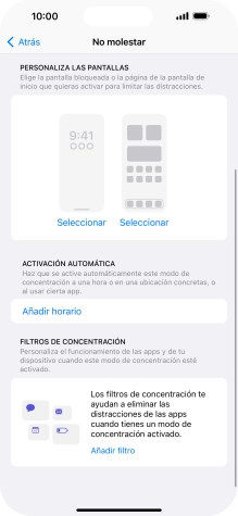 Pulsa Añadir horario y sigue las indicaciones de la pantalla para seleccionar los ajustes de la activación automática de No molestar.