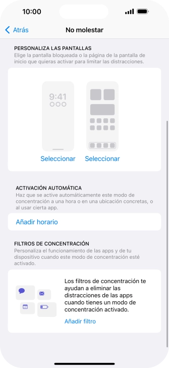 Pulsa Añadir horario y sigue las indicaciones de la pantalla para seleccionar los ajustes de la activación automática de No molestar.