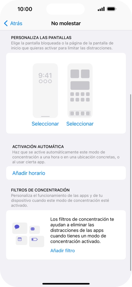 Pulsa Añadir horario y sigue las indicaciones de la pantalla para seleccionar los ajustes de la activación automática de No molestar.