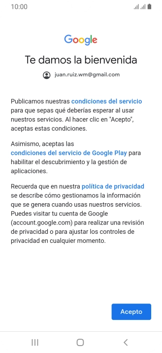 Pulsa Acepto y sigue las indicaciones de la pantalla para seleccionar los ajustes de tu cuenta de Google.