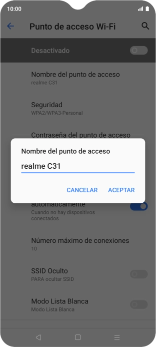 Introduce el nombre deseado de la conexión Wi-Fi y pulsa ACEPTAR.