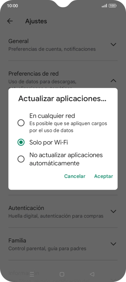 Para activar la actualización automática de apps utilizando la red móvil, pulsa En cualquier red.