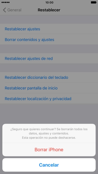 Pulsa Borrar iPhone. Espera unos instantes mientras el teléfono restablece la configuración predeterminada. 
Sigue las indicaciones de la pantalla para configurar el teléfono y dejarlo listo para su uso.