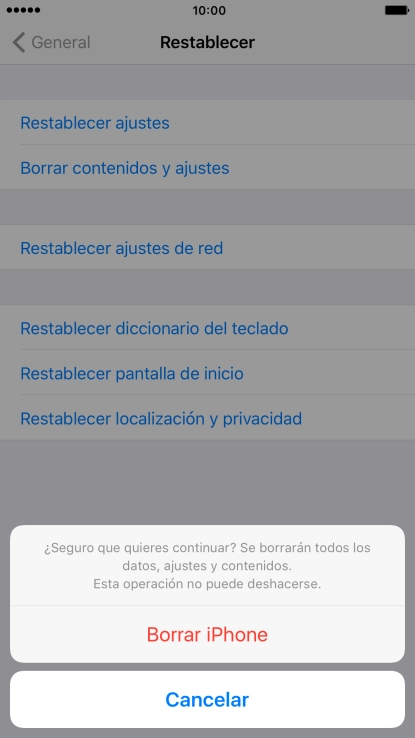 Pulsa Borrar iPhone. Espera unos instantes mientras el teléfono restablece la configuración predeterminada. 
Sigue las indicaciones de la pantalla para configurar el teléfono y dejarlo listo para su uso.