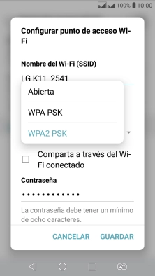 Pulsa WPA2 PSK para proteger la conexión wifi con una contraseña.