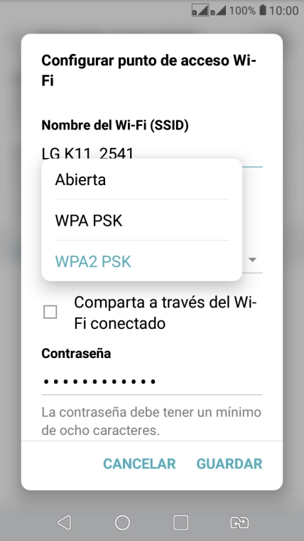 Pulsa WPA2 PSK para proteger la conexión wifi con una contraseña.