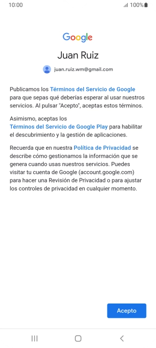 Pulsa Acepto y sigue las indicaciones de la pantalla para seleccionar los ajustes de tu cuenta de Google.