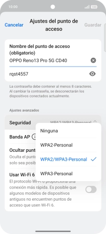 Pulsa WPA3-Personal para proteger la conexión wifi con una contraseña.