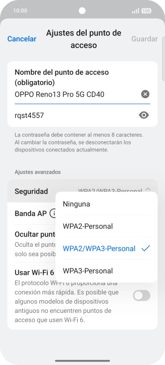 Pulsa WPA3-Personal para proteger la conexión wifi con una contraseña.