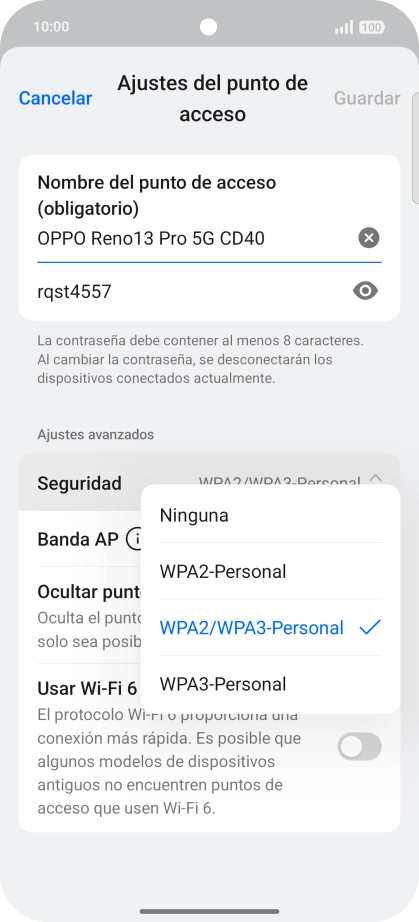 Pulsa WPA3-Personal para proteger la conexión wifi con una contraseña.