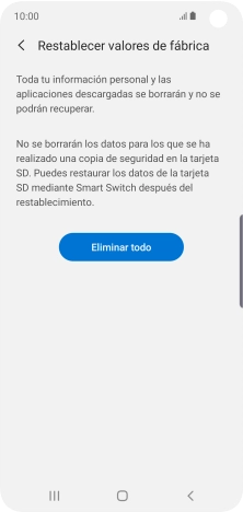 Pulsa Eliminar todo. Espera unos instantes mientras el teléfono restablece la configuración predeterminada. Sigue las indicaciones de la pantalla para configurar el teléfono y dejarlo listo para su uso.