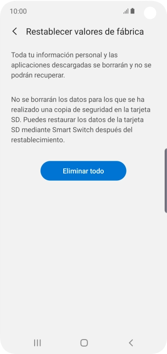 Pulsa Eliminar todo. Espera unos instantes mientras el teléfono restablece la configuración predeterminada. Sigue las indicaciones de la pantalla para configurar el teléfono y dejarlo listo para su uso.
