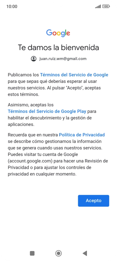 Pulsa Acepto y sigue las indicaciones de la pantalla para seleccionar los ajustes de tu cuenta de Google.