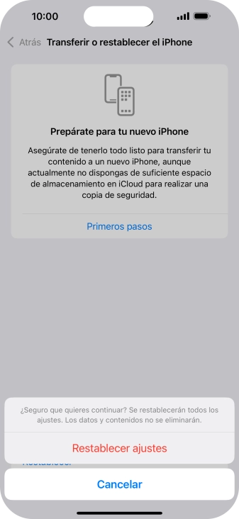 Pulsa Restablecer ajustes. Espera unos instantes mientras el teléfono restablece la configuración predeterminada. Sigue las indicaciones de la pantalla para configurar el teléfono y dejarlo listo para su uso.