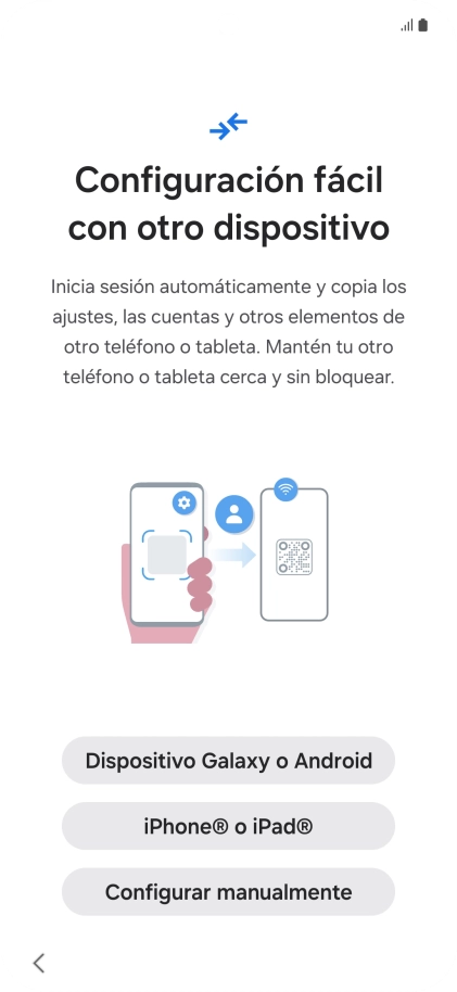 Pulsa la opción deseada para transferir contenido desde otro dispositivo y pulsa Configurar manualmente.