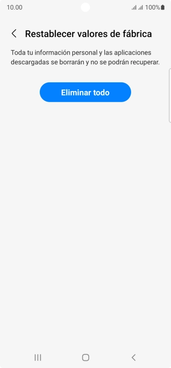 Pulsa Eliminar todo. Espera unos instantes mientras el teléfono restablece la configuración predeterminada. Sigue las indicaciones de la pantalla para configurar el teléfono y dejarlo listo para su uso.