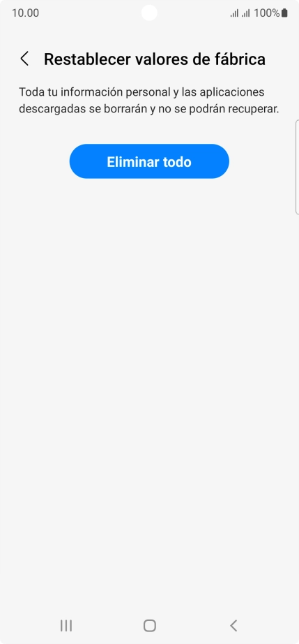 Pulsa Eliminar todo. Espera unos instantes mientras el teléfono restablece la configuración predeterminada. Sigue las indicaciones de la pantalla para configurar el teléfono y dejarlo listo para su uso.