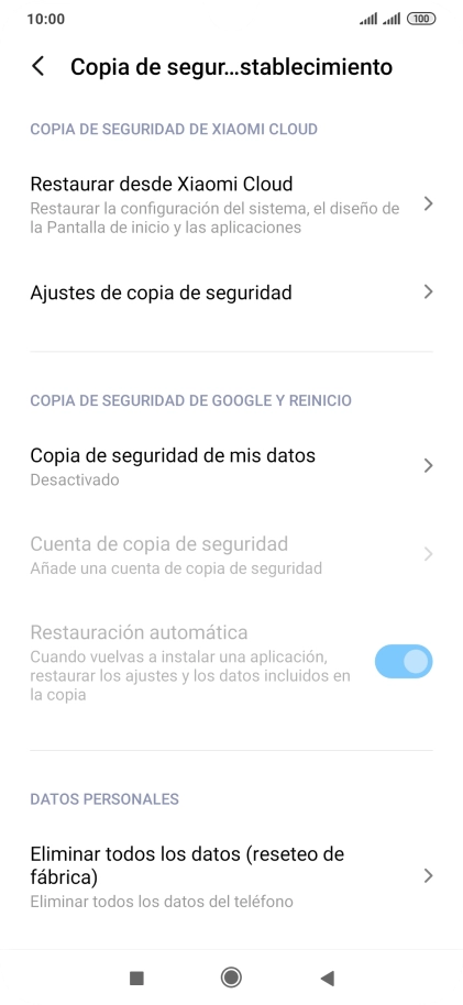 Pulsa Eliminar todos los datos (reseteo de fábrica).