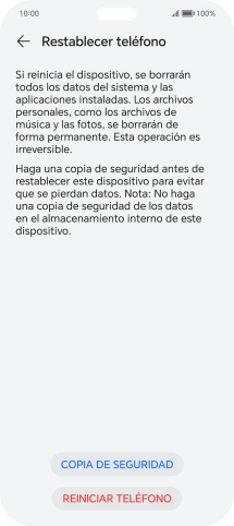 Pulsa REINICIAR TELÉFONO. Espera unos instantes mientras el teléfono restablece la configuración predeterminada. Sigue las indicaciones de la pantalla para configurar el teléfono y dejarlo listo para su uso.
