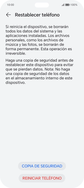 Pulsa REINICIAR TELÉFONO. Espera unos instantes mientras el teléfono restablece la configuración predeterminada. Sigue las indicaciones de la pantalla para configurar el teléfono y dejarlo listo para su uso.