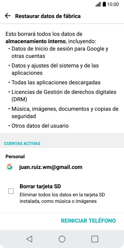 Pulsa REINICIAR TELÉFONO.