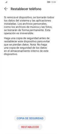 Pulsa RESTABLECER. Espera unos instantes mientras el teléfono restablece la configuración predeterminada. Sigue las indicaciones de la pantalla para configurar el teléfono y dejarlo listo para su uso.