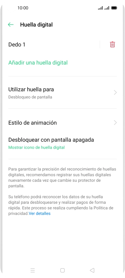 Pulsa el icono de eliminar junto a la huella digital que deseas borrar.