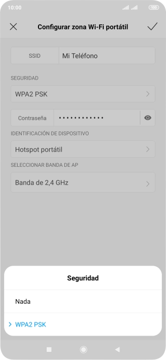 Pulsa WPA2 PSK para proteger la conexión wifi con una contraseña.