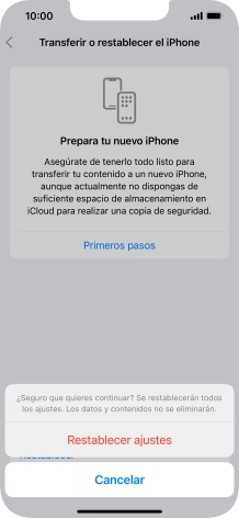 Pulsa Restablecer ajustes. Espera unos instantes mientras el teléfono restablece la configuración predeterminada. Sigue las indicaciones de la pantalla para configurar el teléfono y dejarlo listo para su uso.