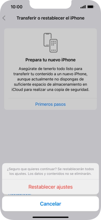 Pulsa Restablecer ajustes. Espera unos instantes mientras el teléfono restablece la configuración predeterminada. Sigue las indicaciones de la pantalla para configurar el teléfono y dejarlo listo para su uso.