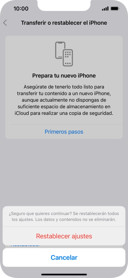 Pulsa Restablecer ajustes. Espera unos instantes mientras el teléfono restablece la configuración predeterminada. Sigue las indicaciones de la pantalla para configurar el teléfono y dejarlo listo para su uso.