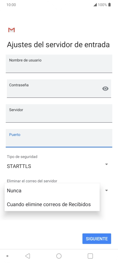 Pulsa Nunca para conservar los correos electrónicos en el servidor cuando los borras del teléfono.