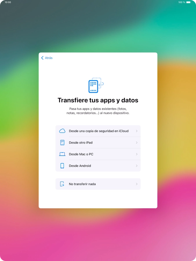 Pulsa No transferir nada y sigue las indicaciones de la pantalla para finalizar la activación de la tablet.