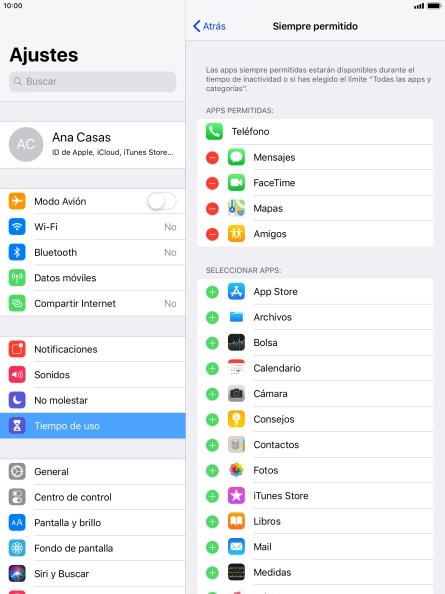 Pulsa el icono de eliminar junto a la app deseada para borrarla de la lista de apps permitidas bajo el tiempo de inactividad de pantalla.